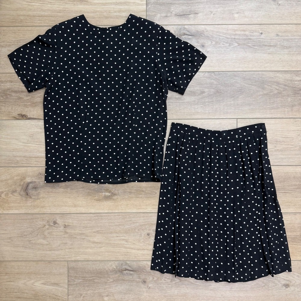 Charter Club Vintage Black Polka Dot 2 Piece Set Pleated Midi Skirt Twee Sz 8